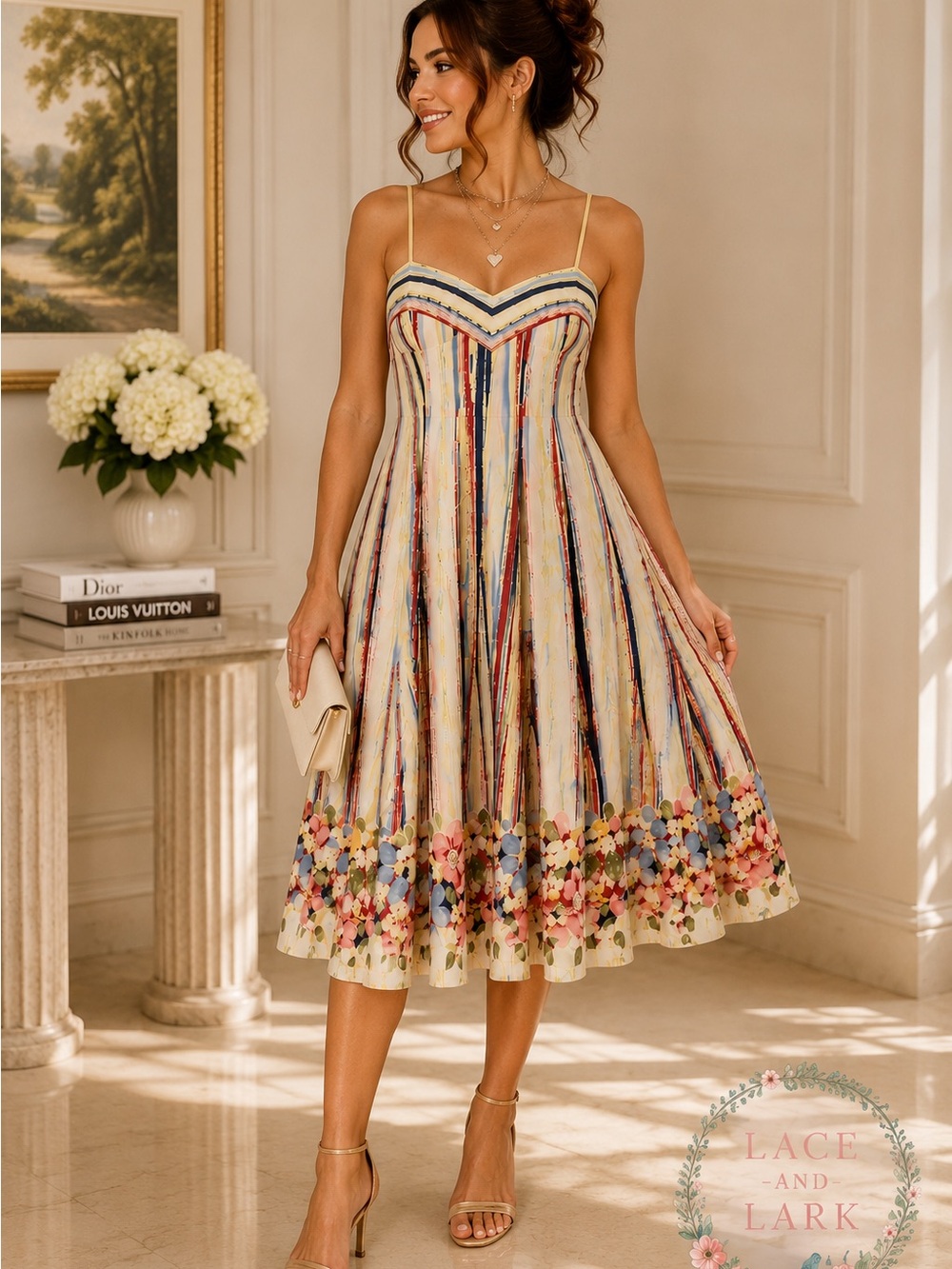 Suzi Chin for Maggy Boutique Cream Striped Midi Dress with Floral Hem